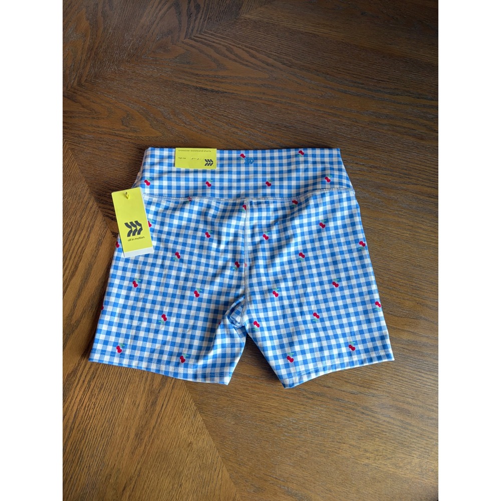 All In Motion Girls XL 14 Crossover Waistband Shorts Gingham Cherry Blue White